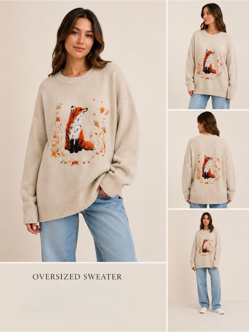 Cozy Fox Oversized Sweater - Cream 2X